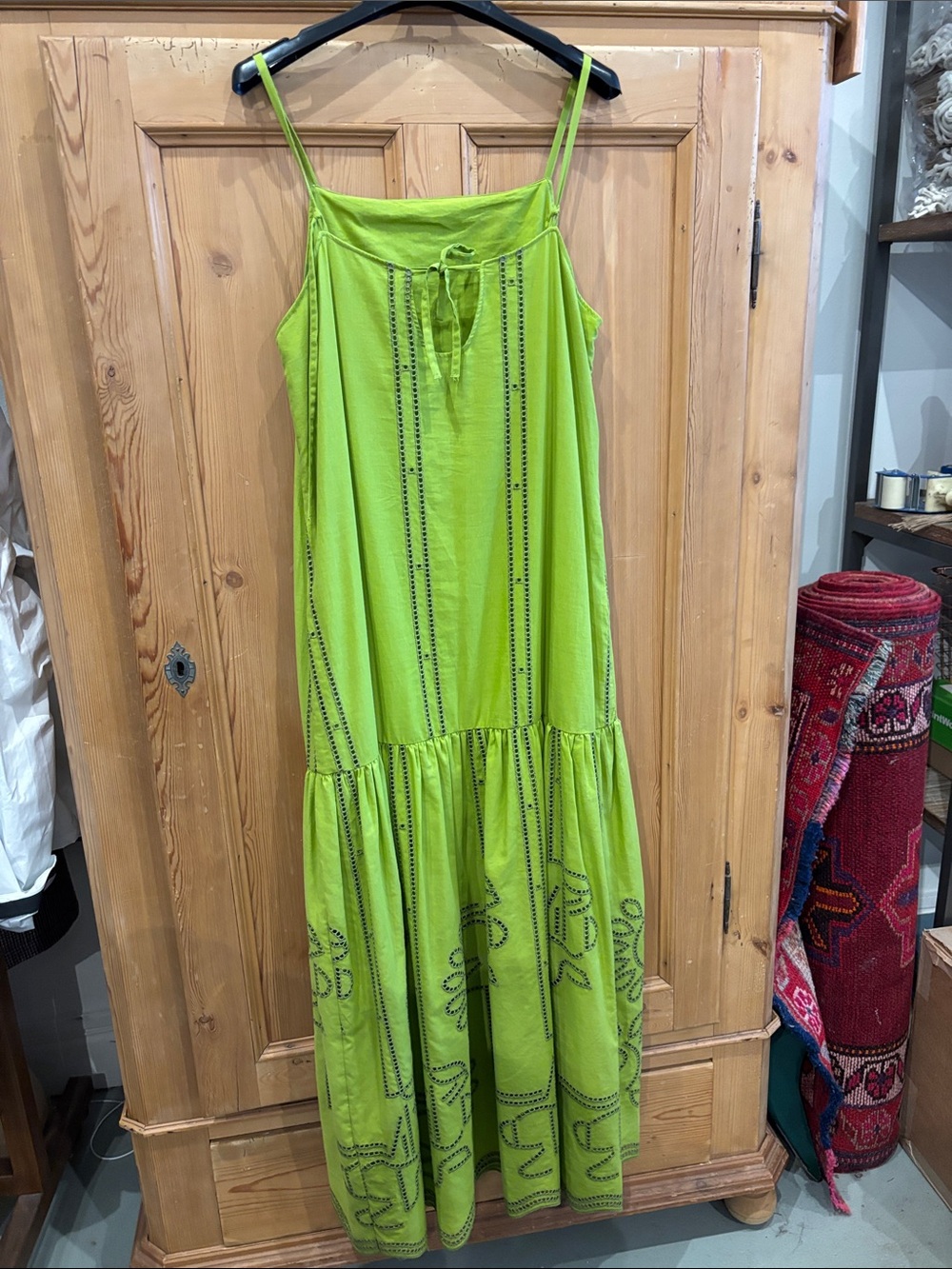 Lime Green Spaghetti-Strap Embroidered Maxi Dress